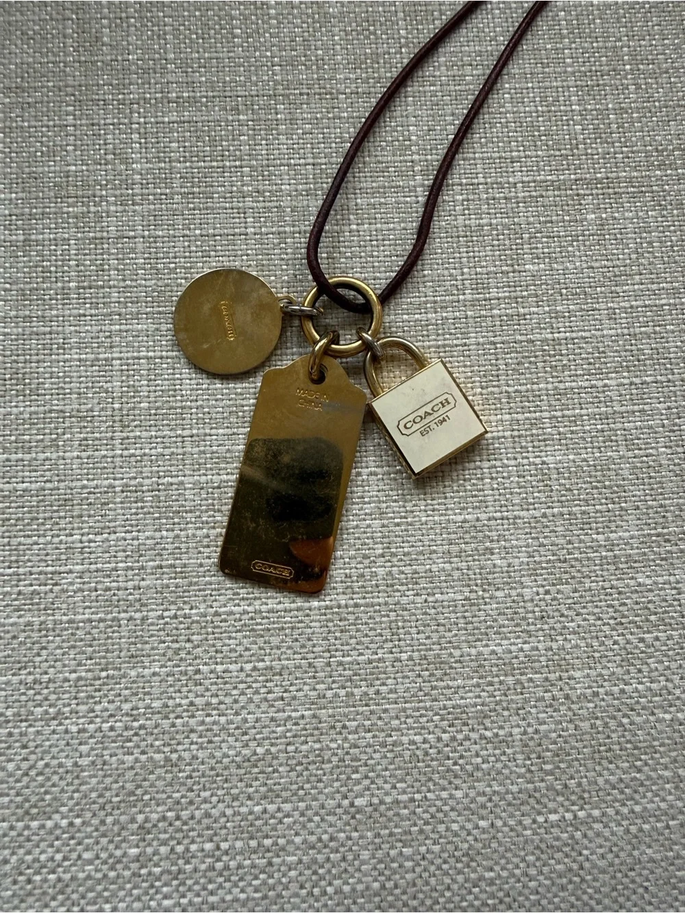 Coach Brown Leather Cord Key & Charm Necklace with Gold-Tone Tags